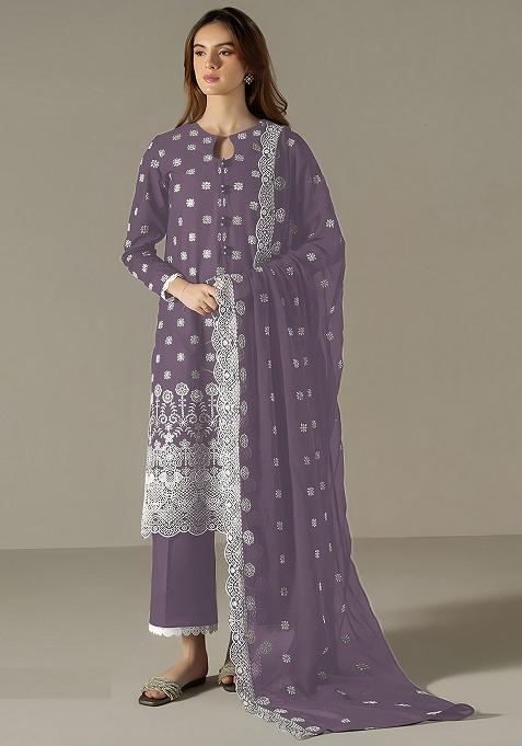 Purple Embroidered Georgette Pakistani Suit Set