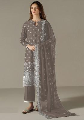 Grey Embroidered Georgette Pakistani Salwar Kameez With Dupatta