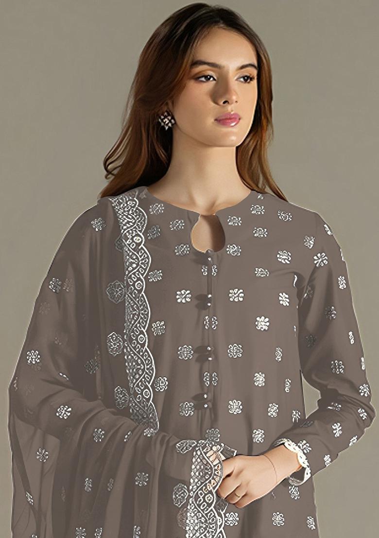 Grey Embroidered Georgette Pakistani Salwar Kameez With Dupatta
