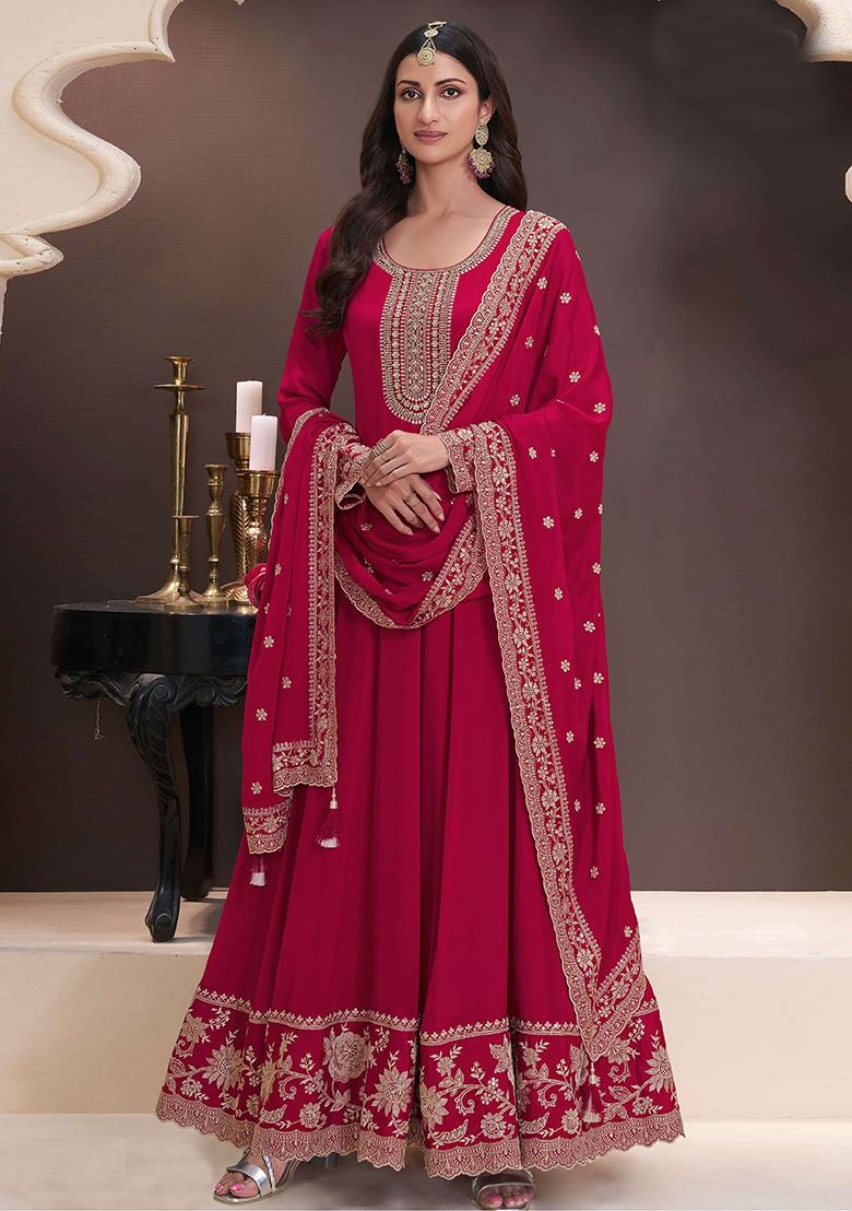 Red Embroidered Chinnon Silk Anarkali Set With Dupatta