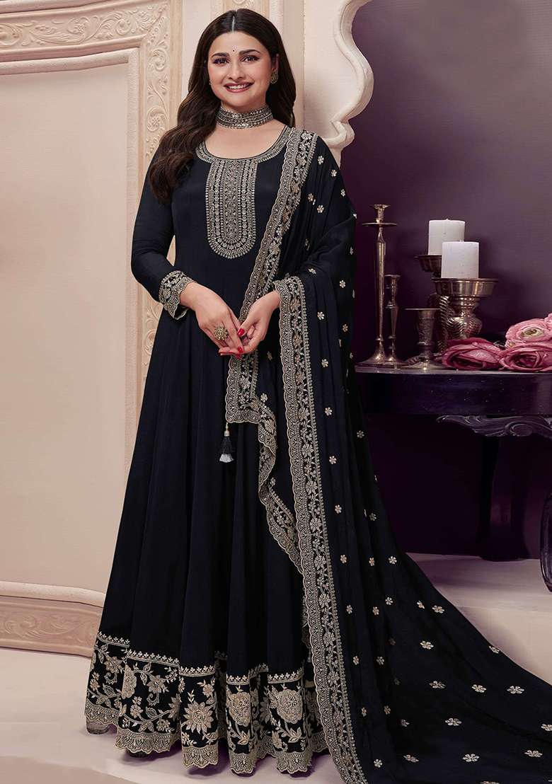 Black Embroidered Chinnon Silk Anarkali Set With Dupatta - Indya
