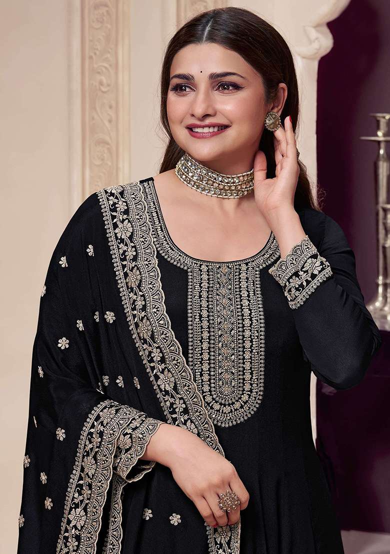 Black Embroidered Chinnon Silk Anarkali Set With Dupatta - Indya