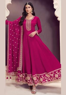 Pink Embroidered Chinnon Silk Anarkali Set With Dupatta