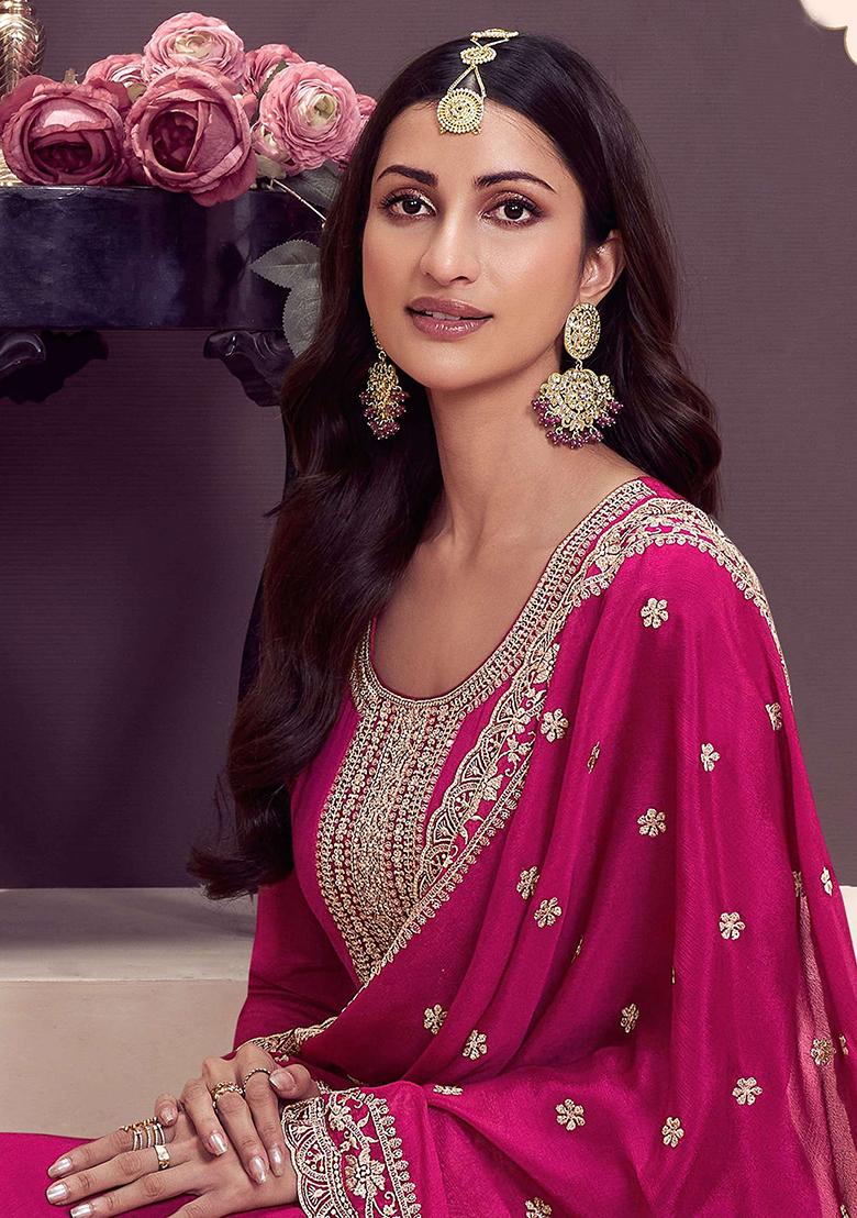 Pink Embroidered Chinnon Silk Anarkali Set With Dupatta