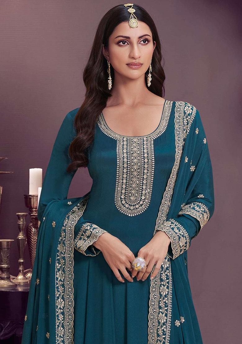 Aqua Blue Embroidered Chinnon Silk Anarkali Set With Dupatta