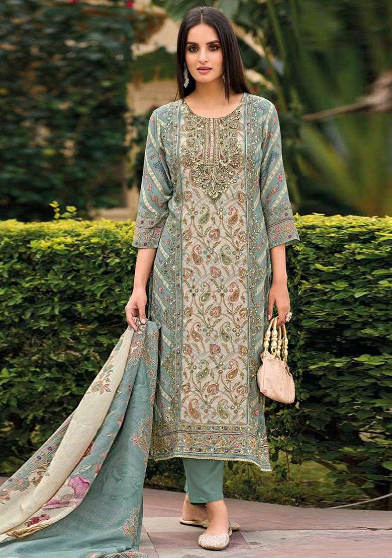 Sky Blue Embroidered Viscose Pakistani Salwar Kameez With Dupatta - Indya