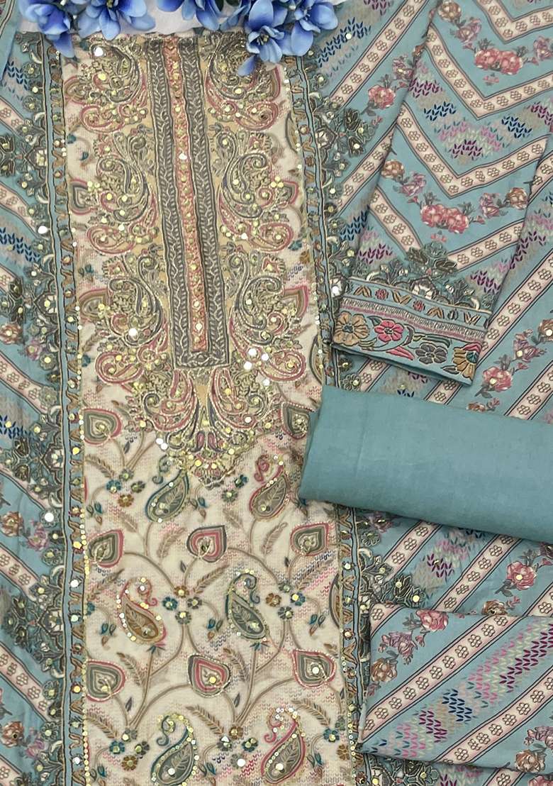 Sky Blue Embroidered Viscose Pakistani Salwar Kameez With Dupatta - Indya