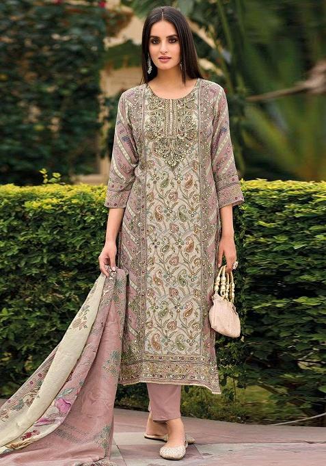 Pink Printed Viscose Pakistani Suit Set — view on Indya
