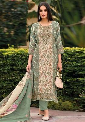 Green Embroidered Viscose Pakistani Salwar Kameez With Dupatta