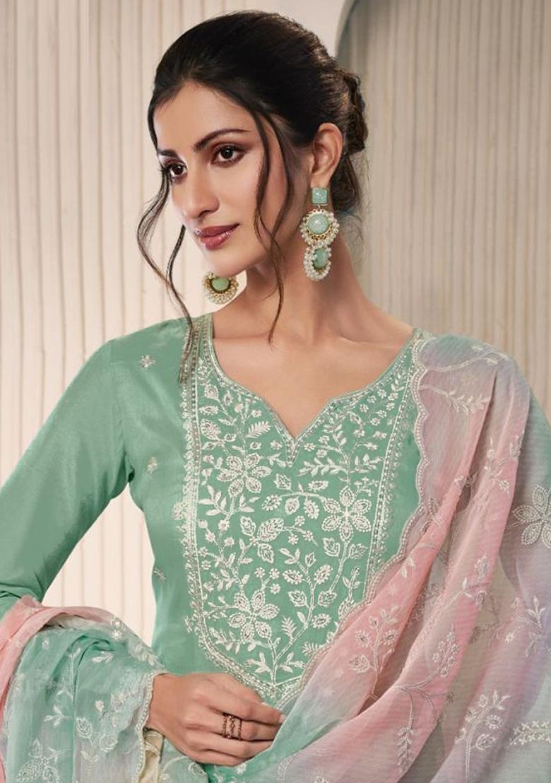 Green Embroidered Art Silk Pakistani Salwar Kameez With Dupatta