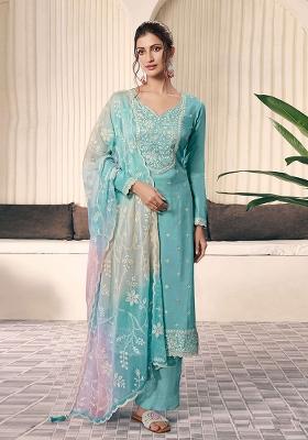 Sky Blue Embroidered Art Silk Pakistani Salwar Kameez With Dupatta