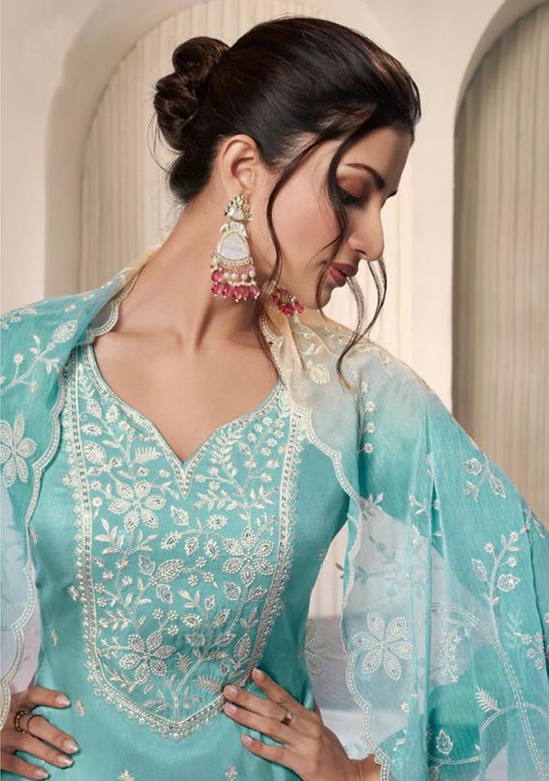 Sky Blue Embroidered Art Silk Pakistani Salwar Kameez With Dupatta