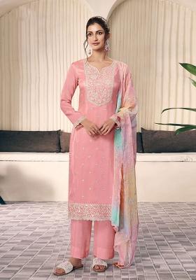 Orange Embroidered Art Silk Pakistani Salwar Kameez With Dupatta