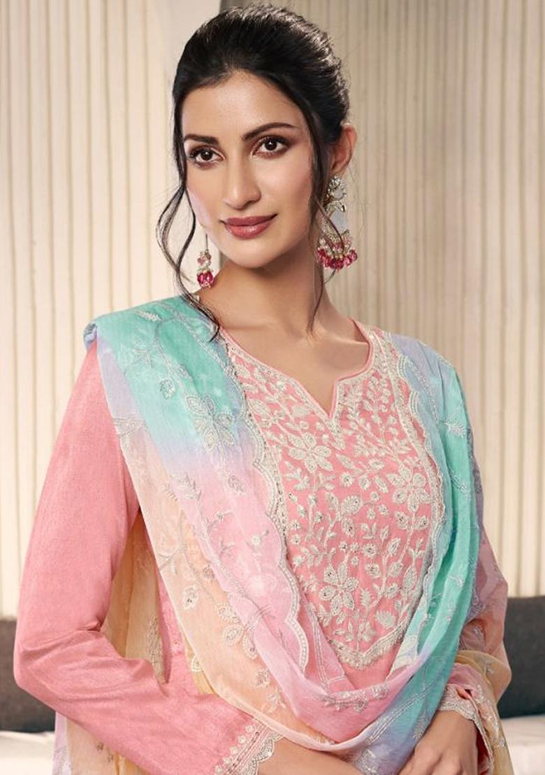 Orange Embroidered Art Silk Pakistani Salwar Kameez With Dupatta