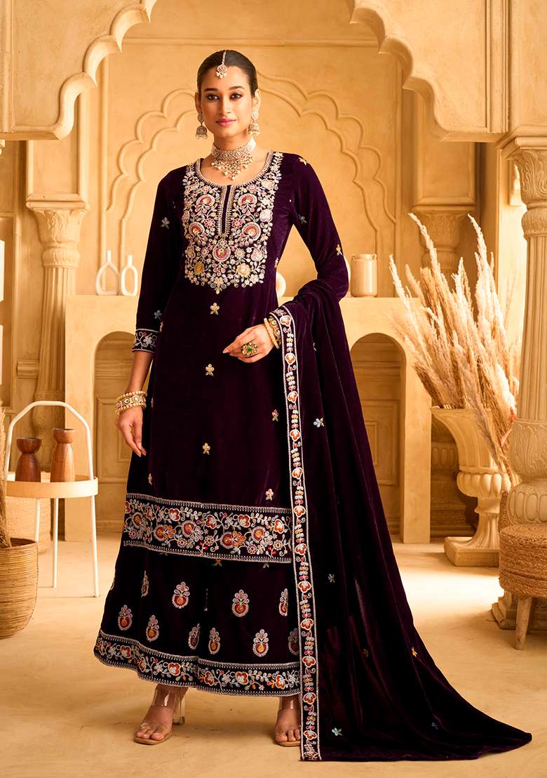 Purple Embroidered Velvet Sharara Set - Indya