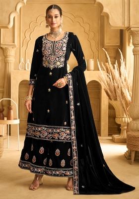 Black Embroidered Velvet Palazzo Set With Dupatta