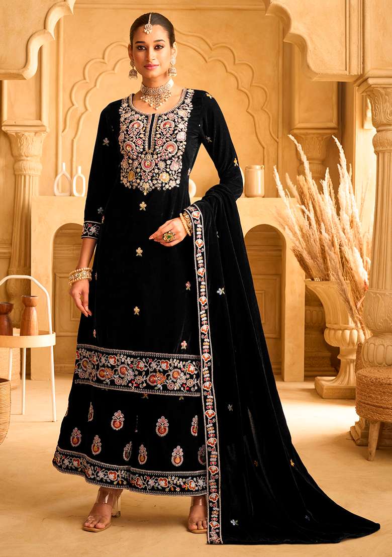 Black Embroidered Velvet Sharara Set - Indya