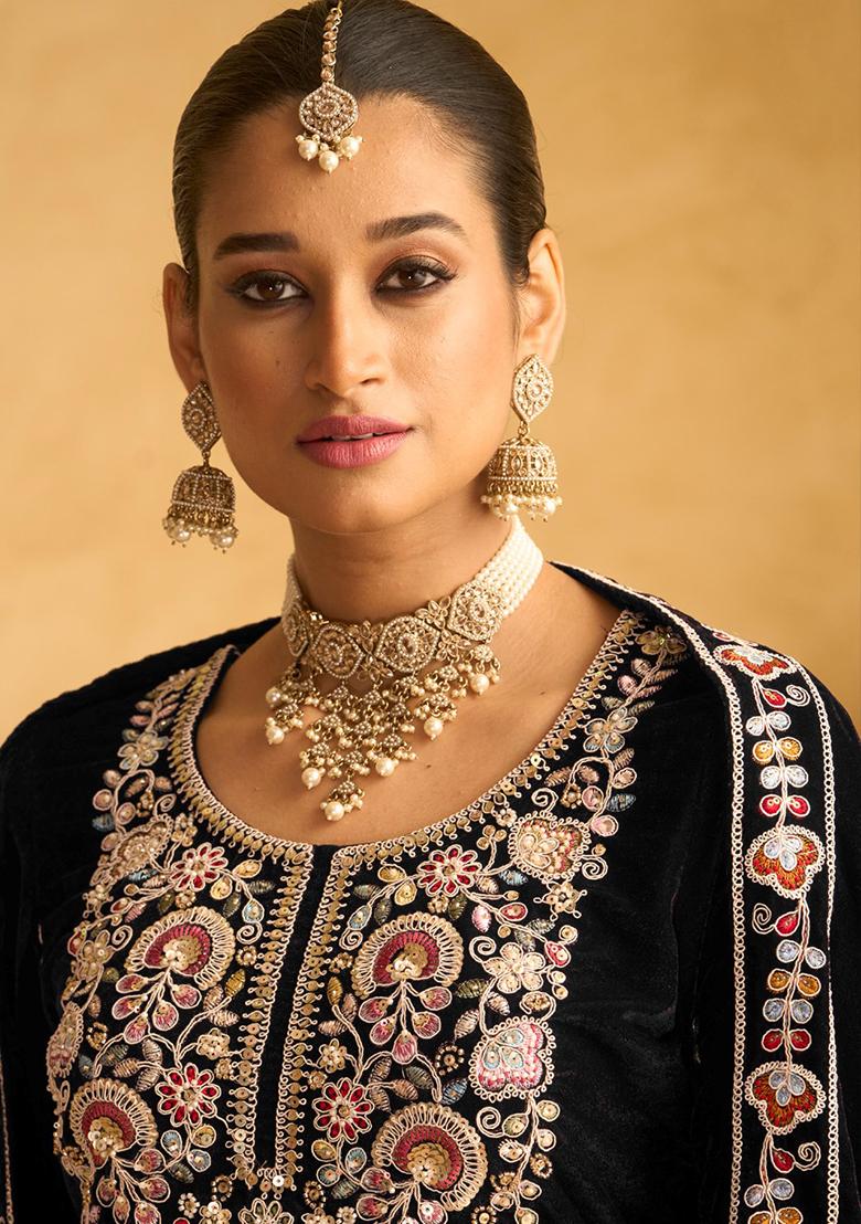 Black Embroidered Velvet Palazzo Set With Dupatta