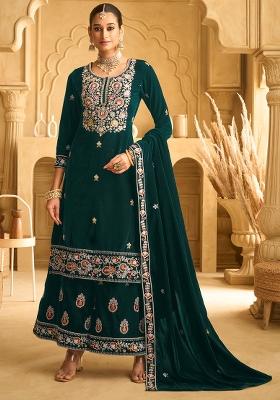 Green Embroidered Velvet Palazzo Set With Dupatta