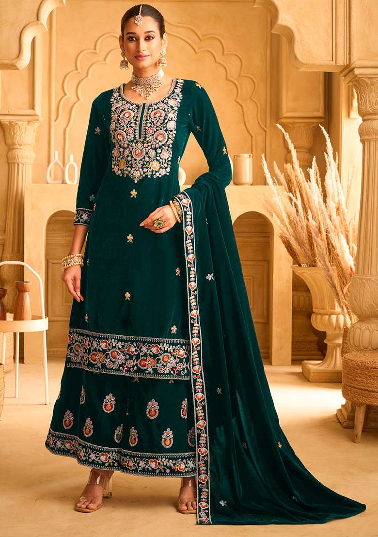 Green Embroidered Velvet Sharara Set - Indya
