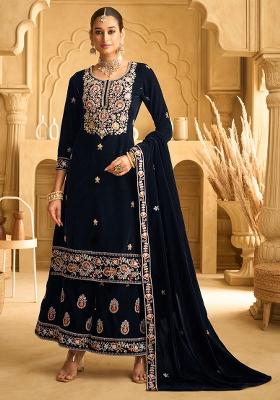 Blue Embroidered Velvet Palazzo Set With Dupatta