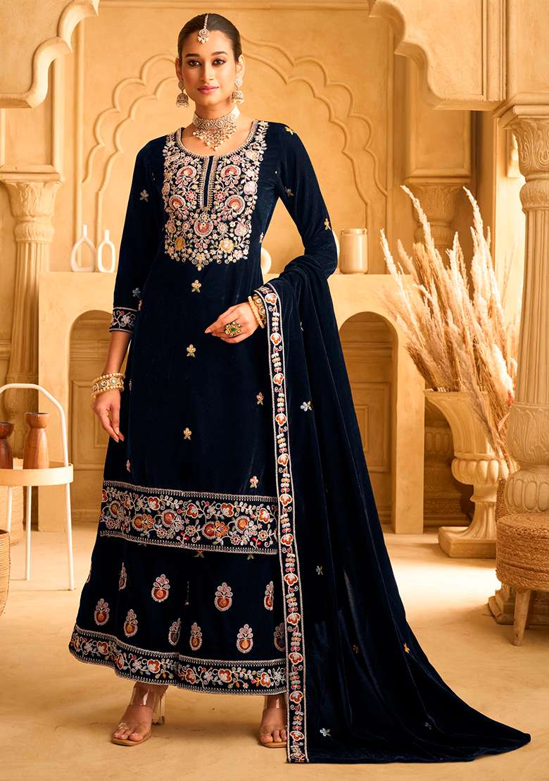 Blue Embroidered Velvet Sharara Set - Indya