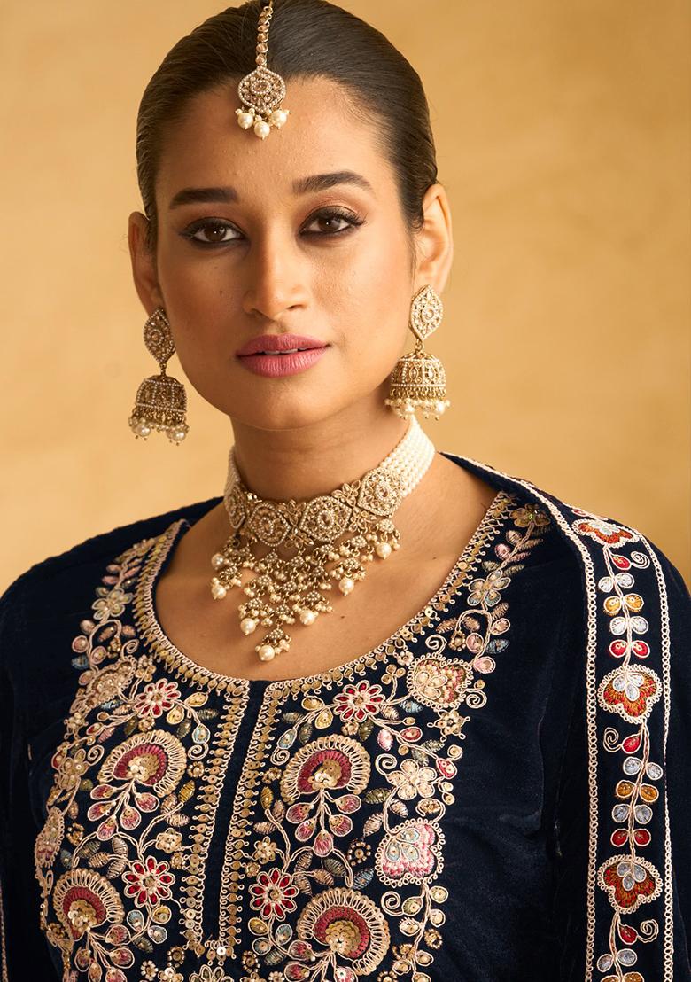 Blue Embroidered Velvet Palazzo Set With Dupatta