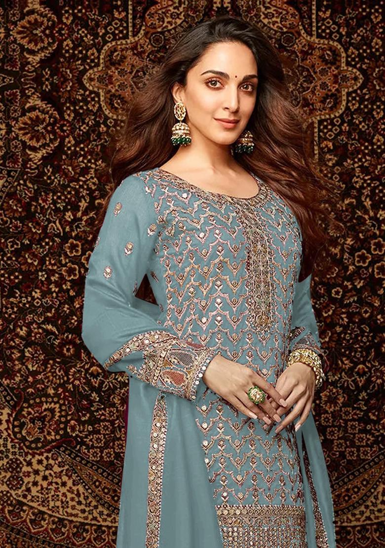 Sky Blue Embroidered Chinnon Silk Palazzo Set With Dupatta