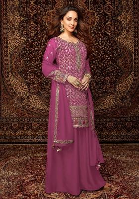 Pink Embroidered Chinnon Silk Palazzo Set With Dupatta