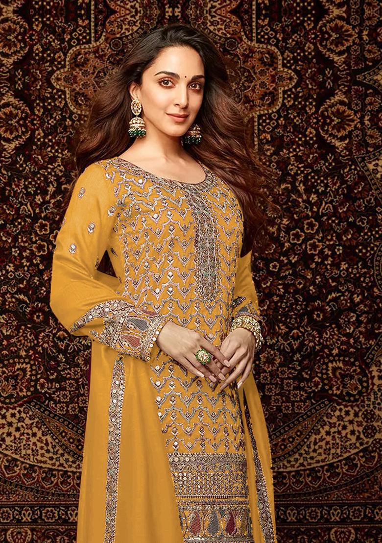 Yellow Embroidered Chinnon Silk Palazzo Set With Dupatta