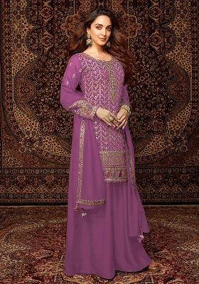Light Purple Embroidered Chinnon Silk Palazzo Set With Dupatta