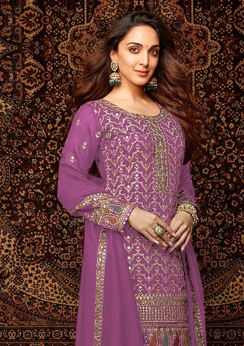 Light Purple Embroidered Chinnon Silk Palazzo Set With Dupatta