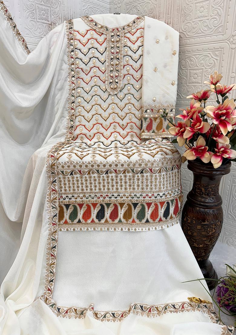 White Embroidered Chinnon Silk Palazzo Set With Dupatta