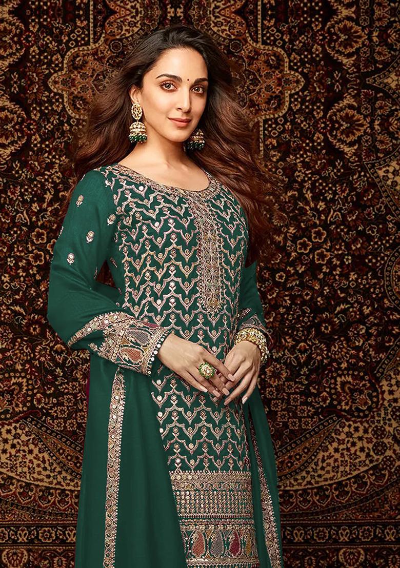Green Embroidered Chinnon Silk Palazzo Set With Dupatta