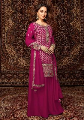 Rani Pink Embroidered Chinnon Silk Palazzo Set With Dupatta