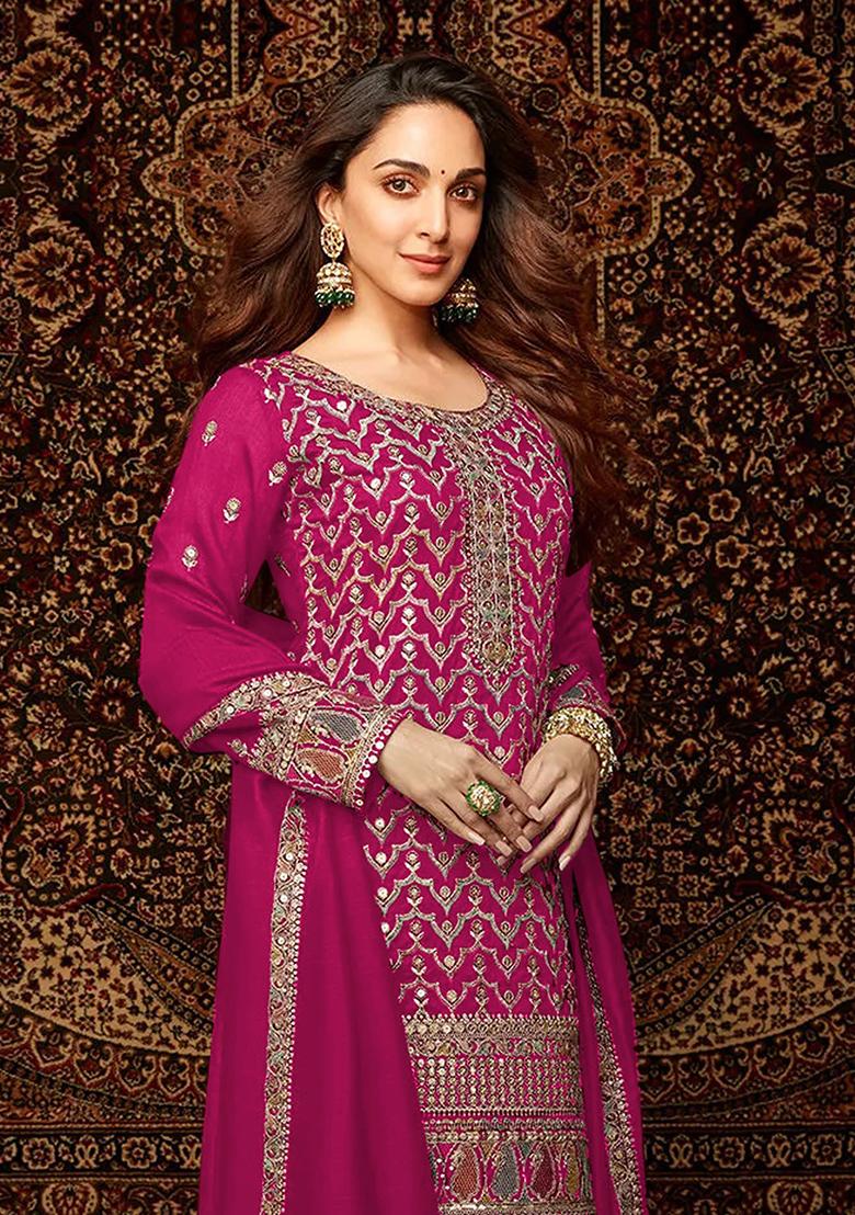 Rani Pink Embroidered Chinnon Silk Palazzo Set With Dupatta
