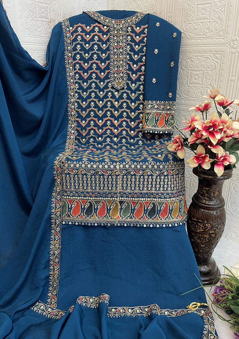 Rama Green Embroidered Chinnon Silk Palazzo Set With Dupatta