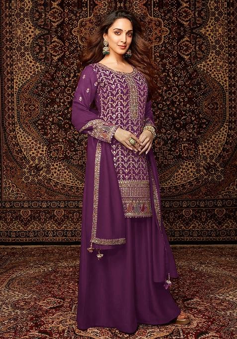 Purple Embroidered Chinnon Silk Palazzo Set With Dupatta