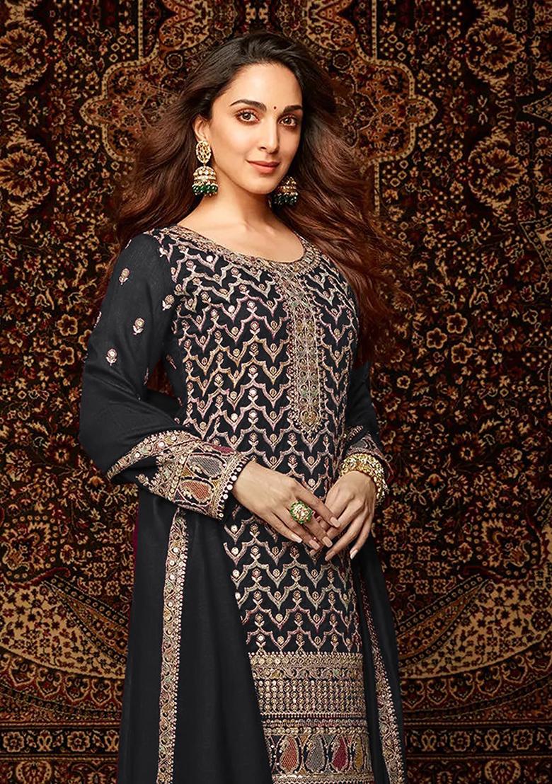 Black Embroidered Chinnon Silk Palazzo Set With Dupatta