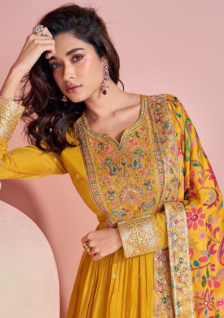 Yellow Embroidered Chinnon Silk Anarkali Set With Dupatta