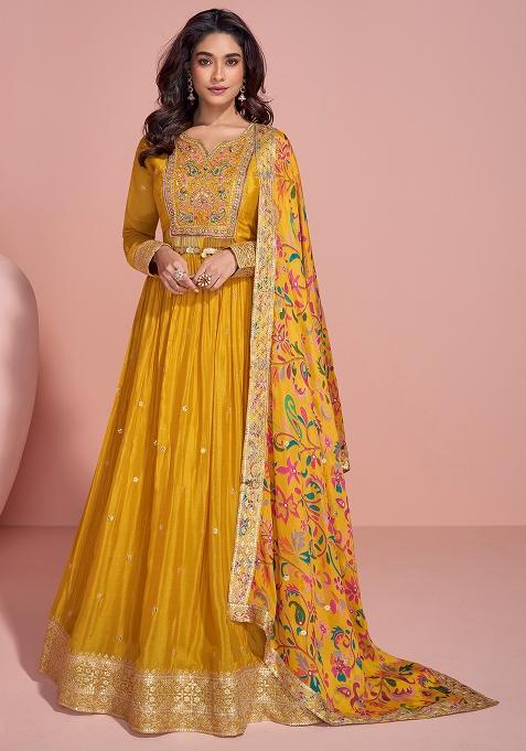 Yellow Embroidered Chinnon Silk Anarkali Set With Dupatta