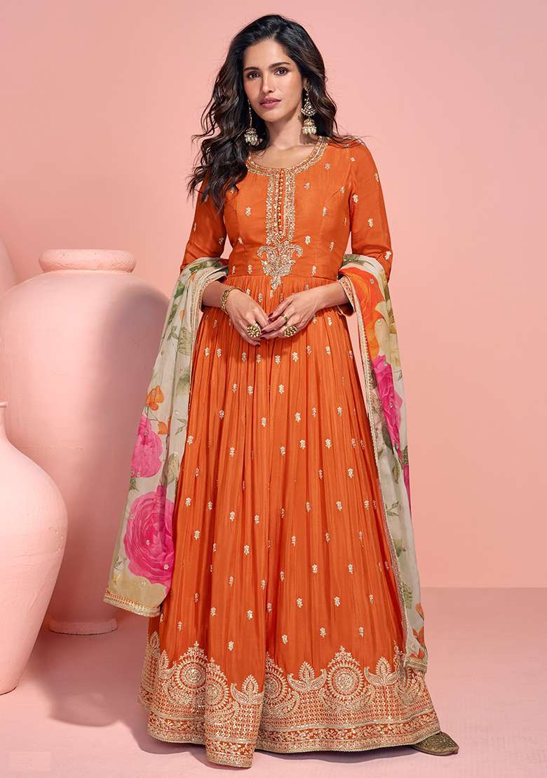 Orange Embroidered Chinnon Silk Anarkali Set With Dupatta - Indya