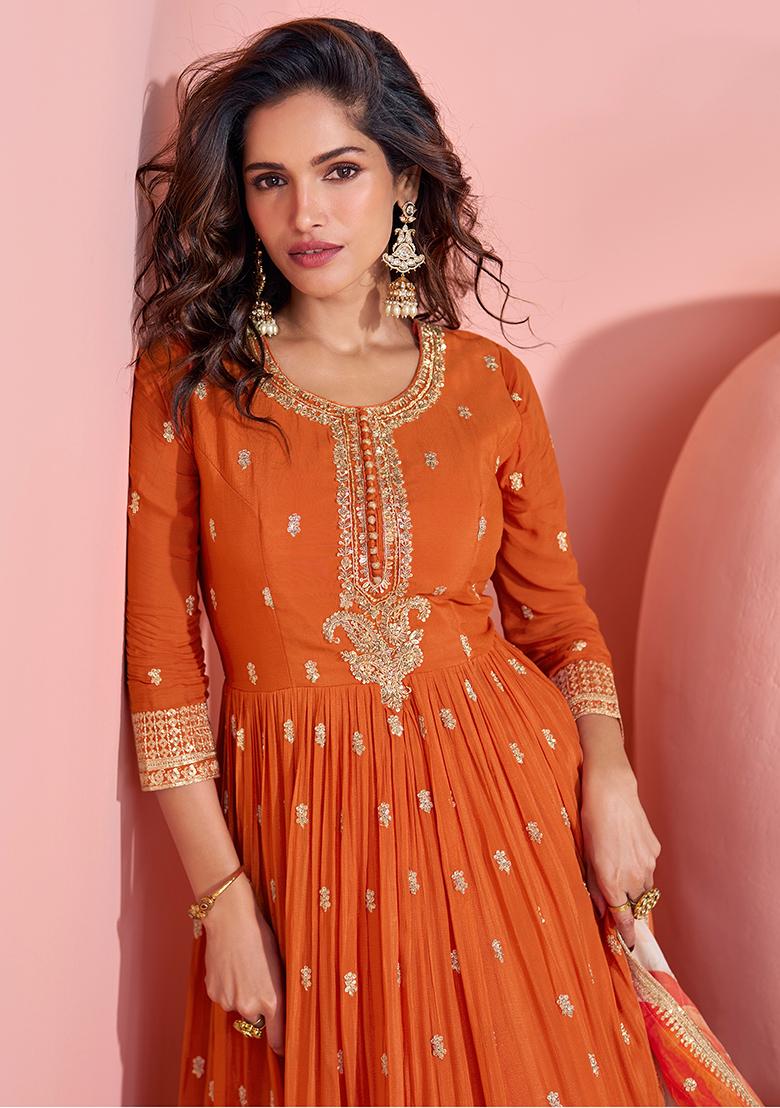 Orange Embroidered Chinnon Silk Anarkali Set With Dupatta
