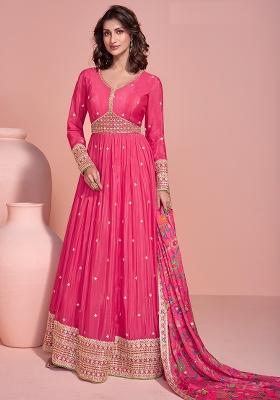Pink Embroidered Chinnon Silk Anarkali Set With Dupatta