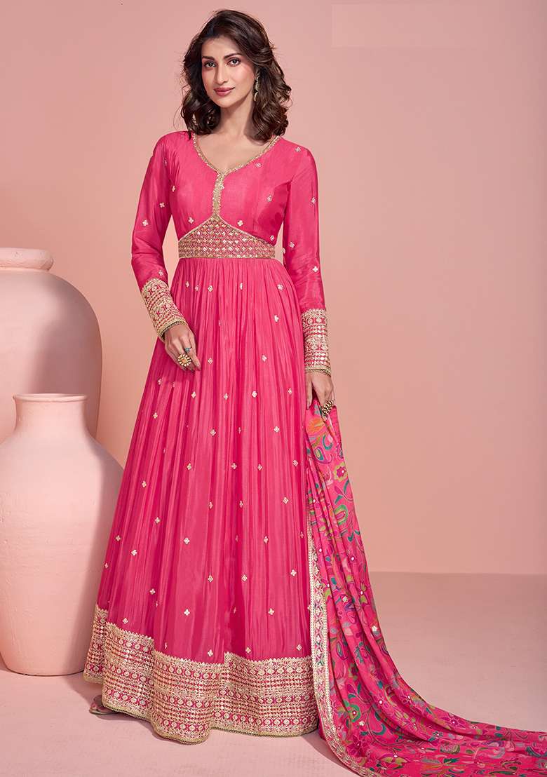 Pink Embroidered Chinnon Silk Anarkali Set With Dupatta - Indya