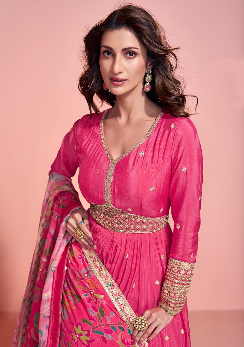 Pink Embroidered Chinnon Silk Anarkali Set With Dupatta