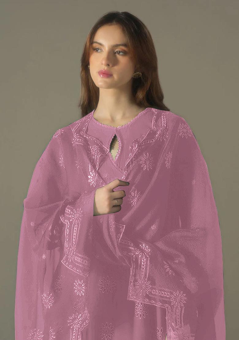 Pink Embroidered Cotton Pakistani Salwar Kameez With Dupatta