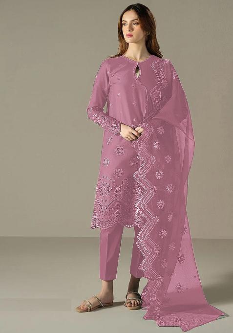 Pink Embroidered Cotton Pakistani Salwar Kameez With Dupatta