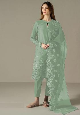 Green Embroidered Cotton Pakistani Salwar Kameez With Dupatta