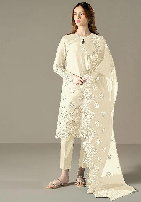 White Embroidered Cotton Pakistani Salwar Kameez With Dupatta